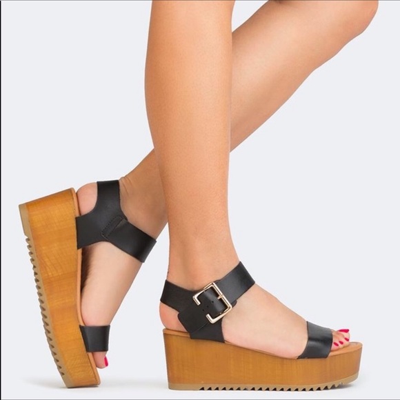 Black Sandals Wedges Classic Front Strap Buckle - Picture 8 of 8